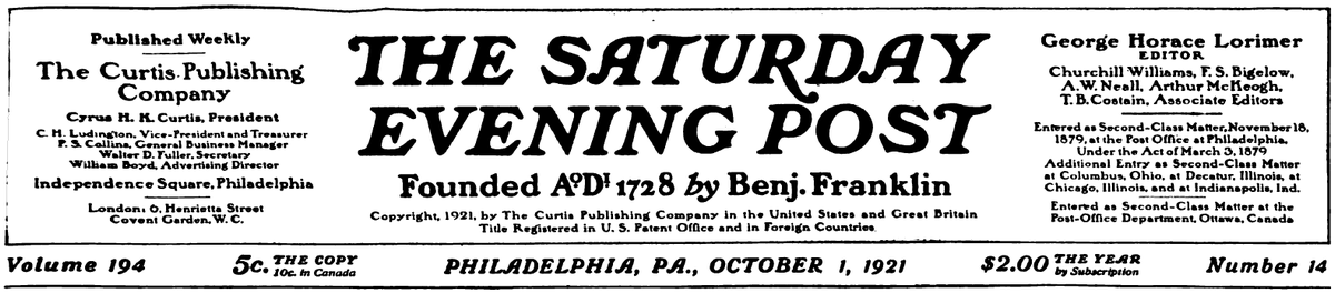 Banner from top of front page of the Oct. 1, 1921 Saturday Evening Post